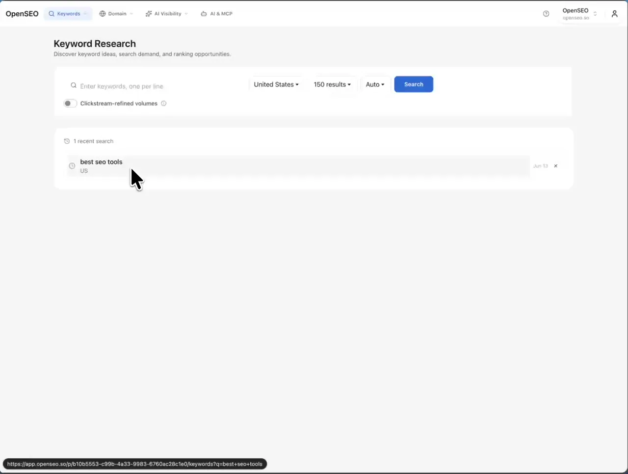 SearchCrew keyword research dashboard